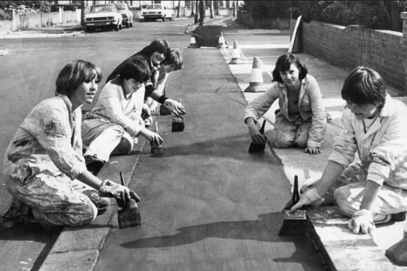 These girls were working under the Government sponsored Community Industry scheme painting the asphalt strip in Jutland Avenue. Remember this?