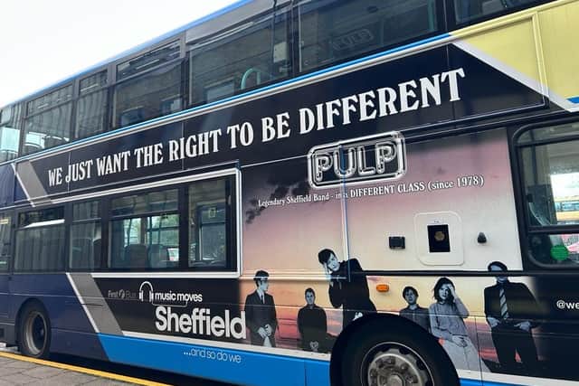 A unique First bus, dubbed the "Pulp Bus", has been unveiled in Sheffield ahead of Pulp's return concert to the city. (Photo courtesy of Pulp and First South Yorkshire)