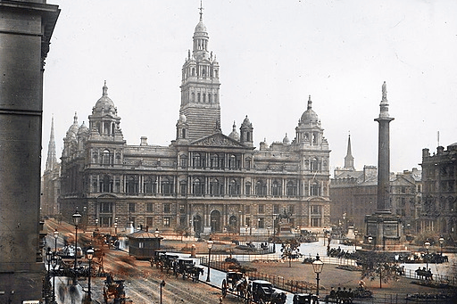 Glasgow’s City Chambers are built in Italian Renaissance style and were opened by Queen Victoria in 1888 - in this picture they are just 12 years old.  Colourised using HotPot.AI