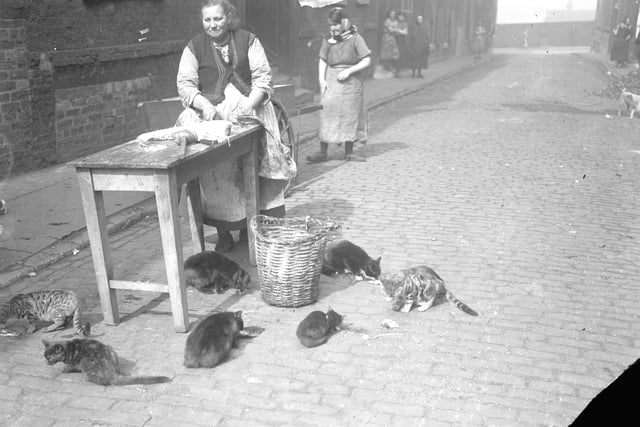A fish seller at the corner of West Wear Street and Bridge Street in 1935.