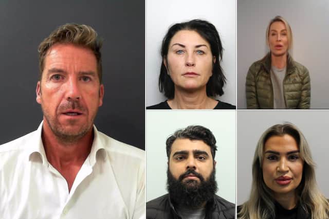 Custodial sentences have been handed to a number of people connected to a network of  money launderers. Pictured: Left - Jonathan Johnson; top middle -  Nicola Esson; top right - Jo Emma Larvin; bottom middle - Muhammad Ilyas; bottom right - Beatrice Auty