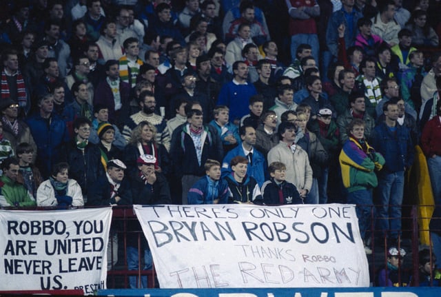 United fans show their respect for Bryan Robson during his Testimonial Match between against Celtic in November 1990