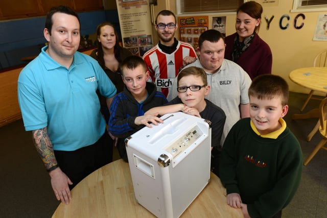 Maplins store donated new equipment to the youth project in 2013 after it had been hit by thieves.
Mark Cameron from the store is pictured with grateful youth centre members, left to right; Jerri Butler, Jak Richardson, Matthew Harrison, Devon Hutchinson, Billy Stores, Christie Hutchinson and Joe Jardine.