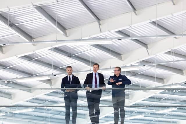 Chancellor Jeremy Hunt with SY mayor Oliver Coppard, left, and AMRC CEO Steve Foxley at Factory 2050.