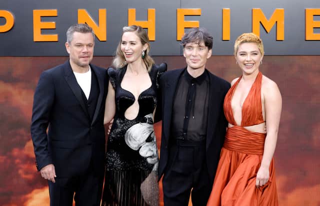 Matt Damon, Emily Blunt, Cillian Murphy and Florence Pugh attend the "Oppenheimer" UK Premiere at the Odeon Luxe Leicester Square on July 13, 2023 in London, England. (Photo by John Phillips/Getty Images)