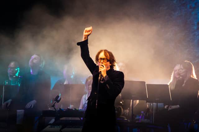 Jarvis Cocker raises the roof at Pulp's homecoming gig in Sheffield. Pic Errol Edwards.