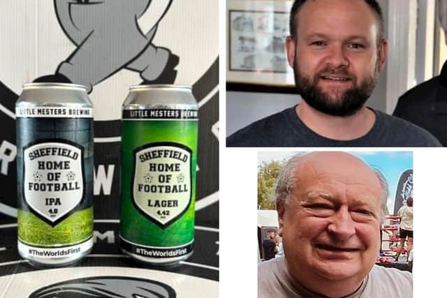 The new beers created by Ben Shaw of Little Mesters Brewing Co, top, and John Clarke from the  Sheffield Home of Football
