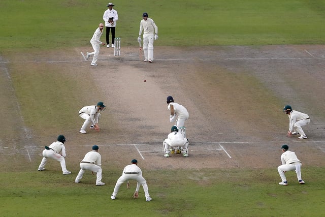 Nathan Lyon of Australia bowls to Jack Leach of England during day five of the 4th Specsavers Test between England and Australia at Old Trafford on September 08, 2019 in Manchester, England. (Photo by Ryan Pierse/Getty Images)