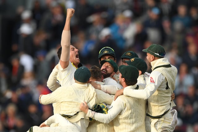 Australia bowler Josh Hazlewood celebrates after taking the final wicket of England batsman Craig Overton after review during day five of the 4th Ashes Test Match between England and Australia at Old Trafford on September 08, 2019 in Manchester, England. (Photo by Stu Forster/Getty Images)