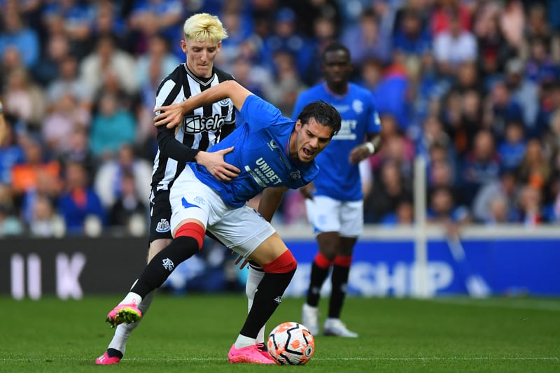 Newcastle midfielder Anthony Gordon (left) vies with Rangers playmaker Ianis Hagi for possession of the ball.
