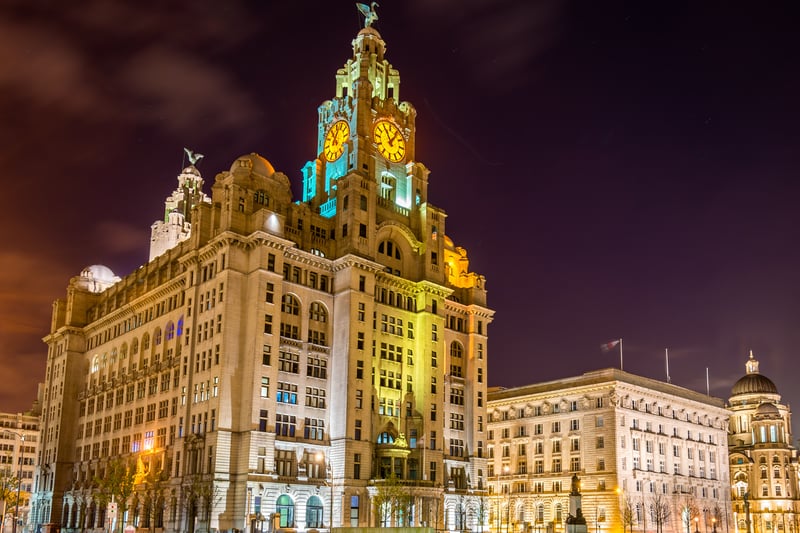 The Royal Liver building at night.