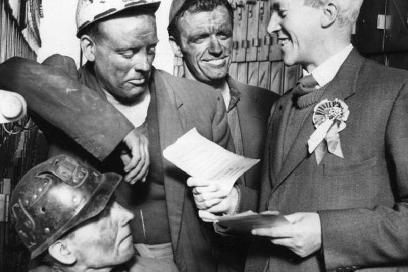 Arthur Blenkinsop. Labour candidate for South Shields, talking to miners George Falconer, Bill Bissett, Ronnie Moffatt, during a visit to Westoe Colliery in 1964. Photo: Shields Gazette