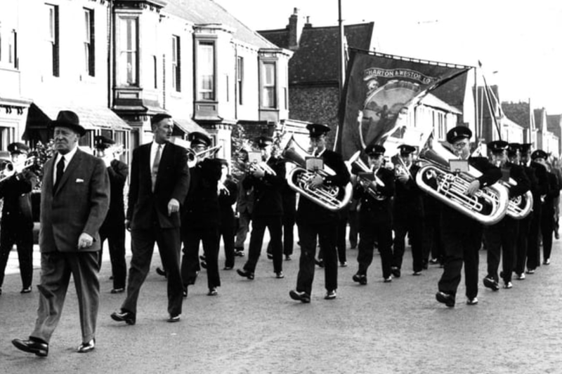 Back to 1963 for this view of Harton Colliery Band leaving Armstrong Hall to play its part in the Durham Miners Gala. Photo: Hartlepool Mail