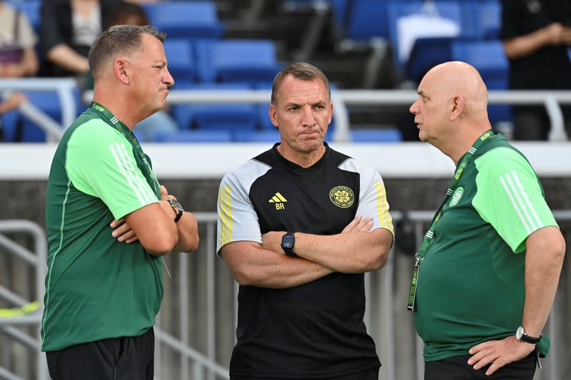 Celtic manager Brendan Rodgers chats with members of his coaching staff ahead of kick-off at the Nissan Stadium.