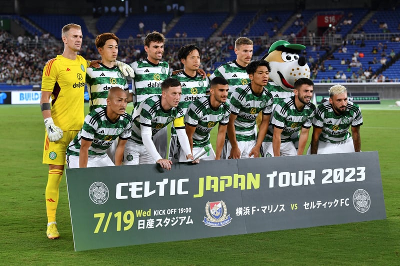 The Celtic starting line-up pose for photographs as they prepare to begin their pre-season tour of Japan against Yokohama F. Marinos.
