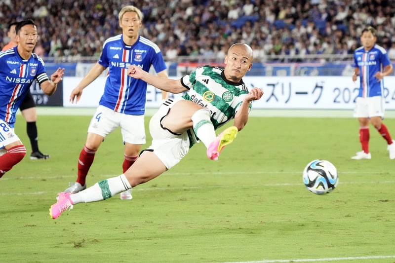 Japanese forward Daizen Maeda swivels to fire Celtic into an early lead against his former club. 