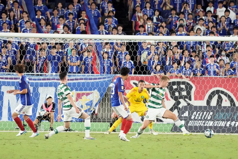 Benjamin Siegrist and Stephen Welsh are unable to stop Ryo Miyaichi from converting Yokohama’s sixth and final goal.