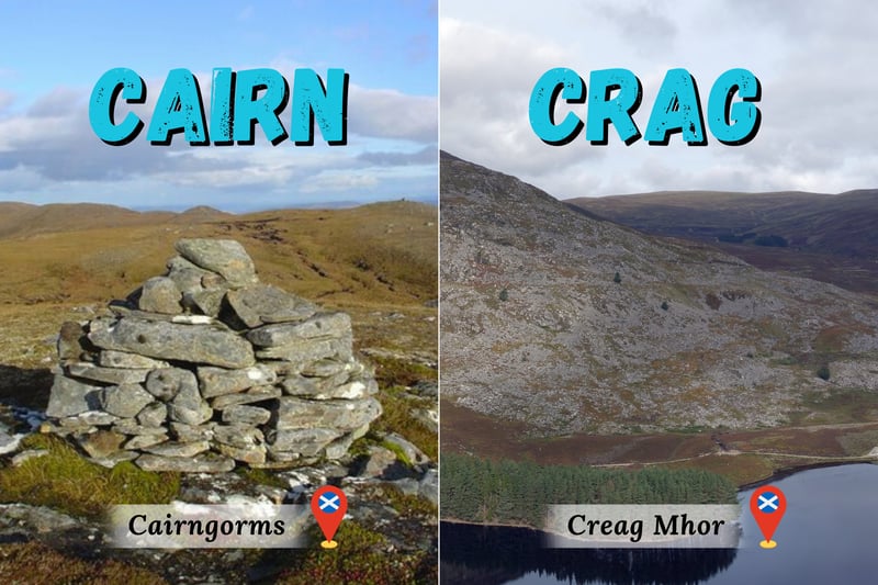 These terms have some overlap. Cairns (“càrn” in Gaelic) denote a pile of stones but may refer to hills like the Cairngorms which are anglicised from “Càrn Gorm” i.e., the blue hill. Likewise, Crags refer to rocks, cliffs or (shockingly) rocky cliffs as seen above with Creag Mhòr (“big rocky hill”) next to the lovely Loch Gynack.