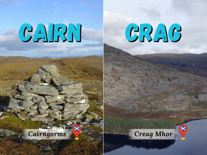 These terms have some overlap. Cairns (“càrn” in Gaelic) denote a pile of stones but may refer to hills like the Cairngorms which are anglicised from “Càrn Gorm” i.e., the blue hill. Likewise, Crags refer to rocks, cliffs or (shockingly) rocky cliffs as seen above with Creag Mhòr (“big rocky hill”) next to the lovely Loch Gynack.