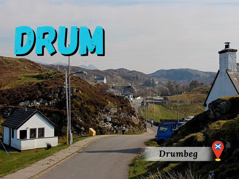 The Gaelic term Drum refers to a ridge i.e., a long narrow hilltop. In this example, we see the Highland Hamlet of Drumbeg. The ‘beg’ component comes from “beag” which means small. That means the name translates to “the little ridge” immediately revealing its geography.