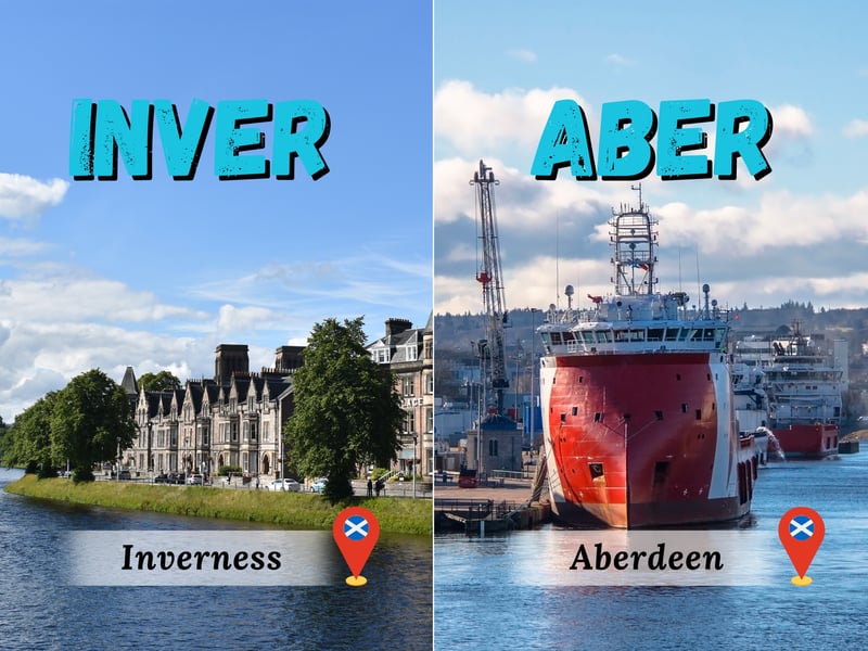 Both of these words denote a river mouth or confluence but Inver is more commonly used. The Capital of the Scottish Highlands, Inverness, comes from “Inbhir Nis” i.e., “Mouth of the River Ness”. Likewise, Aberdeen translated literally becomes “Mouth of the River Don”.