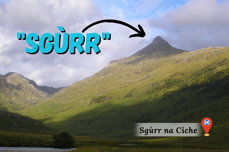 The term “Sgurr” refers to a high pointed hill or peak. As with latin tongues, in Gaelic adjectives follow nouns e.g., Ben More. Similarly, just as Spanish uses forms like Camino De Santiago (Way Of Santiago) we see the same here with examples like this Sgurr. Sgùrr na Cìche translates to “Peak of Breast” as Scots supposedly saw a mammary resemblance.