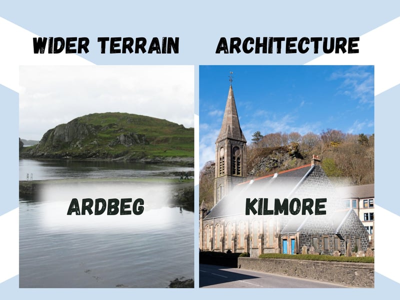 Ardbeg - yes, the whisky - combines Àrd (High Place or Height) and Beag (Small) for the “little height”. Kilmore combines Cill (Church) and Mòr (Big) for “the big church”.