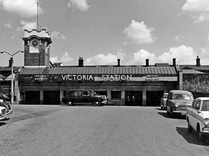 The entrance to Sheffield's old Victoria Station, showing the clock tower, in July 1967.