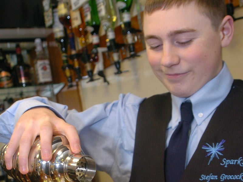 Stefan Grocock mixing cocktails for christmas at Sheffield's Castle College in 2005