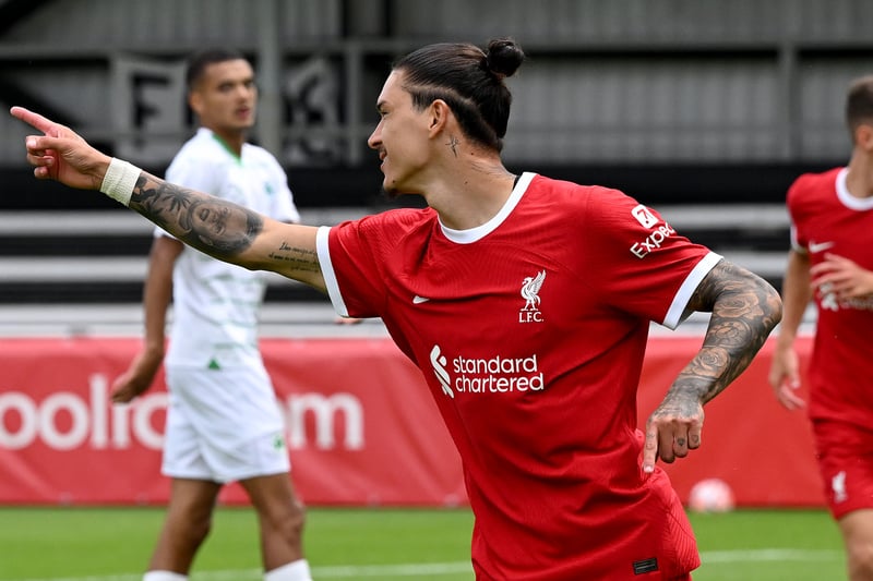Darwin Nunez of Liverpool celebrates scoring Liverpool's second goal during the pre-season friendly match between SpVgg Greuther FÃ¼rth and Liverpool at  on July 24, 2023 in Fuerth, Germany. (Photo by Nick Taylor/Liverpool FC/Liverpool FC via Getty Images)