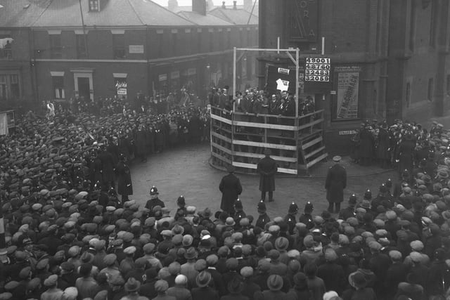 A General Election declaration outside the Victoria Hall in 1935.