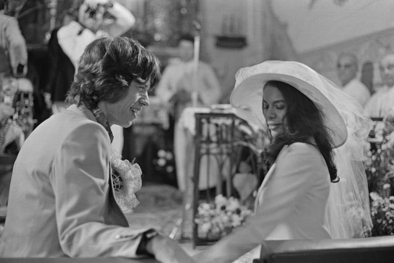 Mick and Bianca Jagger at their wedding at the Church of St. Anne, St Tropez, 12th May 1971. (Photo by Reg Lancaster/Daily Express/Hulton Archive/Getty Images)