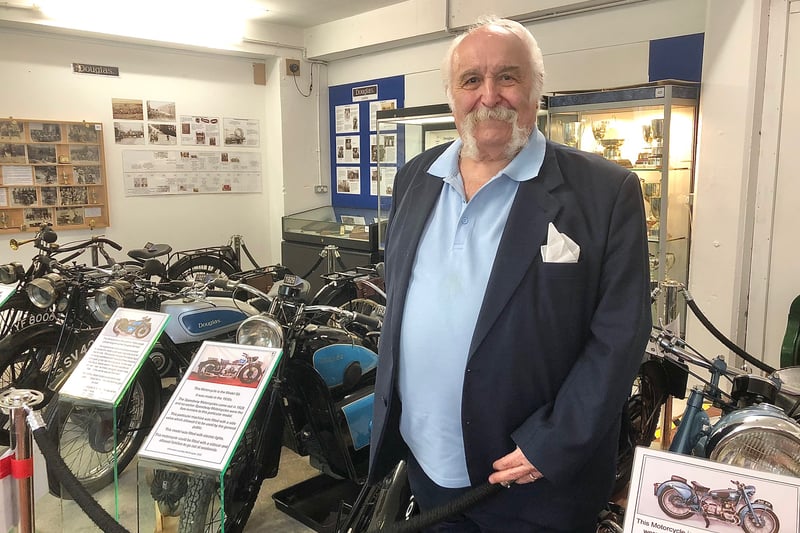 Museum volunteer Bill Douglas is the grandson of original owner of Douglas motorcycles and he happily talks about his family’s historic bikes to visitors.
