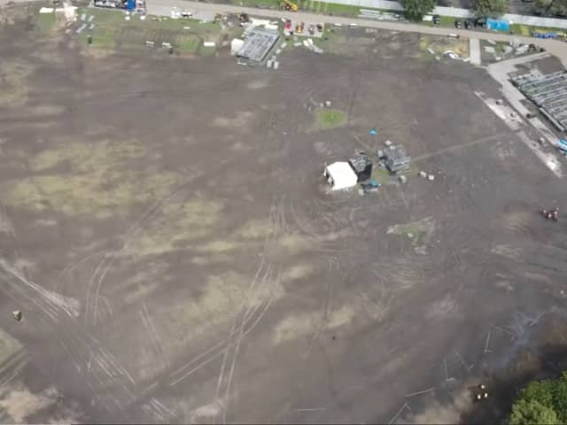 This drone footage captured by David Hector shows the extent of the ‘mudbath’ left on Hillsborough Park in the wake of two days of constant rain and tens of thousands of people attending Tramlines Festival 2023.