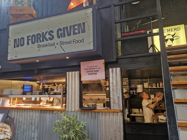 No Forks Given serves an extensive menu of burgers, tacos, loaded fries, burritos, and breakfast items, including a full English, to waffles.