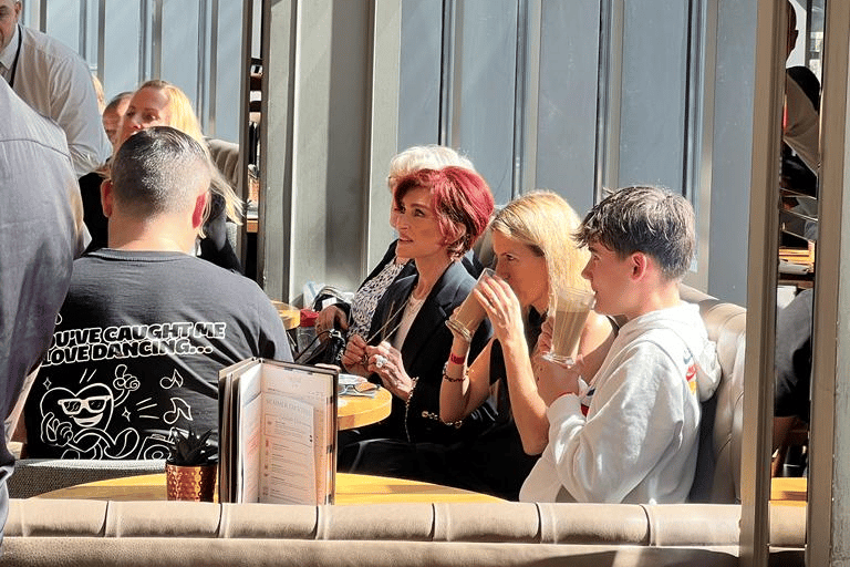 Sharon Osbourne relaxes at All Bar One in Brindelyplace with friends after the grand unveiling of Ozzy the Bull at Birmingham New Street Station