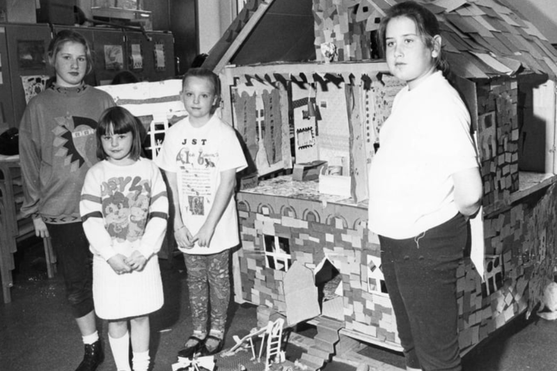 Building a giant dolls' house at the town's museum in October 1991 were, left to right: Jacqueline Newman, Jill Tubbritt, Tracy Rossiter and Helen Newman. Photo: Shields Gazette