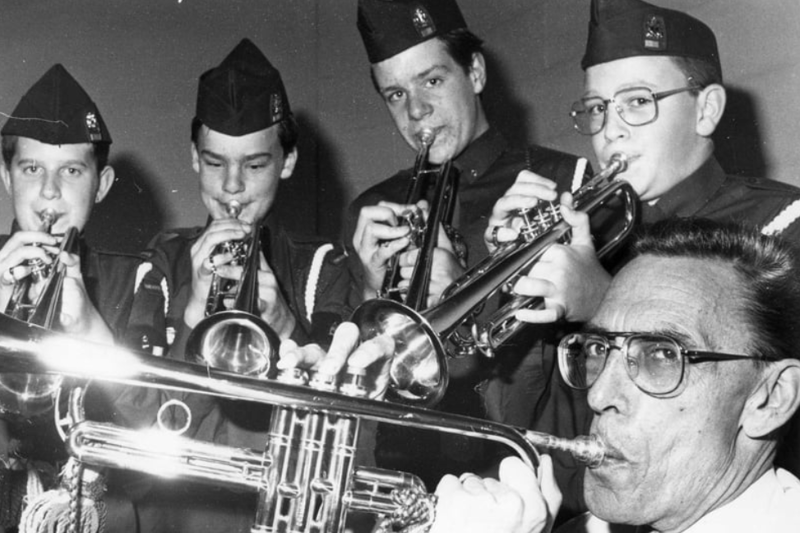 Councillor John Turner gets a fanfare from trumpeters of the 10th South Shields Boys Brigade, left to right: Wayne Hobbs, Neil Hoggeth, Garry Dinning, Phillip Williams, when he officially handed over the trumpets on behalf of South Tyneside Council. Remember this? Photo: Shields Gazette