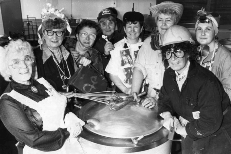 A March 1991 scene and it shows St Oswald's cooks and cleaners having fun for Conic Relief. Pictured are Olive Ward, Isabelle Titterington, Sandara Oxberry, Jean Park, Margaret Henderson, Jessie Morris, Carol Robinson and Jennifer Campbell. Can you tell us more about this event? Photo: Shields Gazette