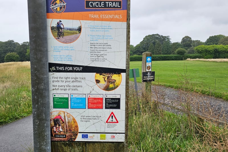 There are multiple cycling trails throughout Ashton Court for different abilities. The trails are colour coded for four different levels: Green Easy, Blue Moderate, Red Difficult and Black Severe.