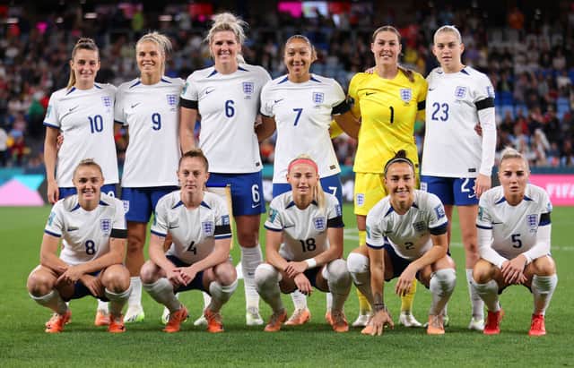 Players of England pose for a team photo prior to the FIFA Women’s World Cup Australia & New Zealand 2023 Group D match between England and Denmark at Sydney Football Stadium on July 28, 2023 in Sydney, Australia. (Photo by Cameron Spencer/Getty Images)
