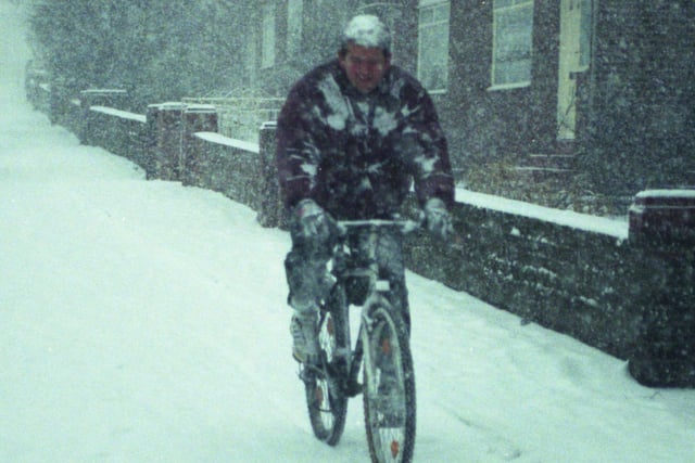 A cyclist trying his best to make some headway in a Hylton Road blizzard in 1994.