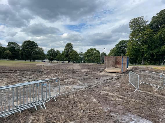 The conditions at Hillsborough Park still appear muddy today (July 28, 2023), ahead of the clean-up operation getting under way in earnest on Monday, July 31, 2023 