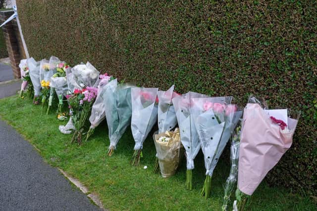 Floral tributes left to Mr and Mrs Andrews outside their home in Terrey Road, Totley, following their tragic deaths in November 2022 