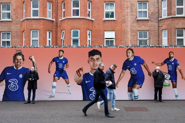 Reece James and Lauren James are among the players celebrated in a mural at Chelsea’s Stamford Bridge on February 18. (Photo by Julian Finney/Getty Images)