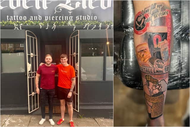 Tattooist Adam Clarke (L) together with Mitchell Barry, who is now sporting this brilliant tribute to all things Sheffield.