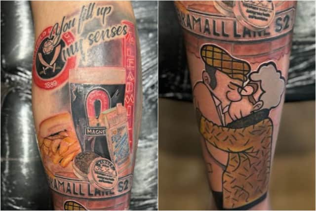 The tattoo in full features tributes to the Sheffield United fan anthem ‘The Greasy Chip Butty Song’, the neon sign from outside The Leadmill, the Bramall Lane road sign, and Pete McKee’s The Snog.