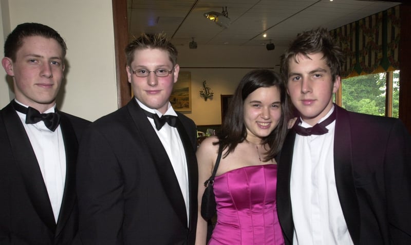 Matthew Gibson, Andrew Wright, Katie Winslow and Benjamin Haigh at the High Storrs School Sixth Form Prom at Baldwins Omega, Sheffield, in 2003
