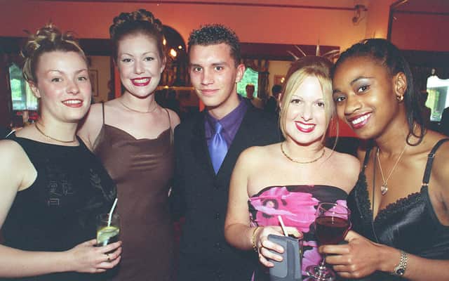 Victoria Timms, Liz Brophy, Richard Mould, Hannah Coward and Shereen Miller at the High Storrs School Sixth Form Prom in 1999