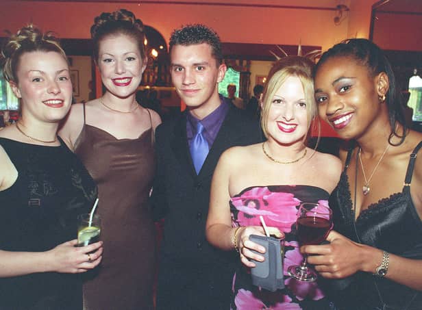 Victoria Timms, Liz Brophy, Richard Mould, Hannah Coward and Shereen Miller at the High Storrs School Sixth Form Prom in 1999